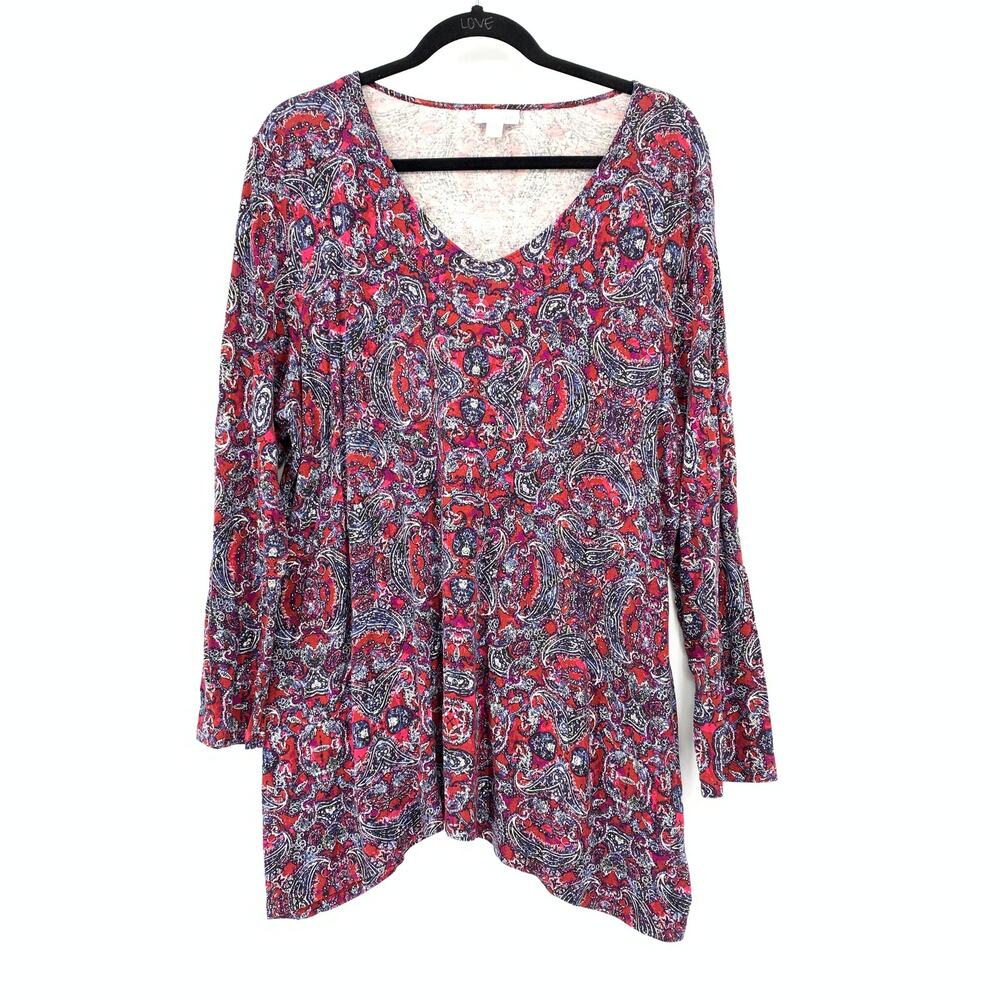 J. Jill V-Neck Top Womens XL Red Blue Paisley Print Long Sleeve Sharkbite Hem
